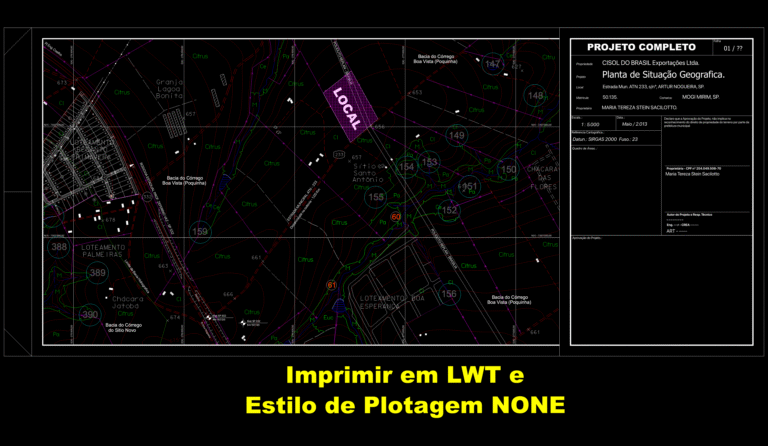 Technical geographic situation plan showing property boundaries, topography, and roads in Artur Nogueira, SP.