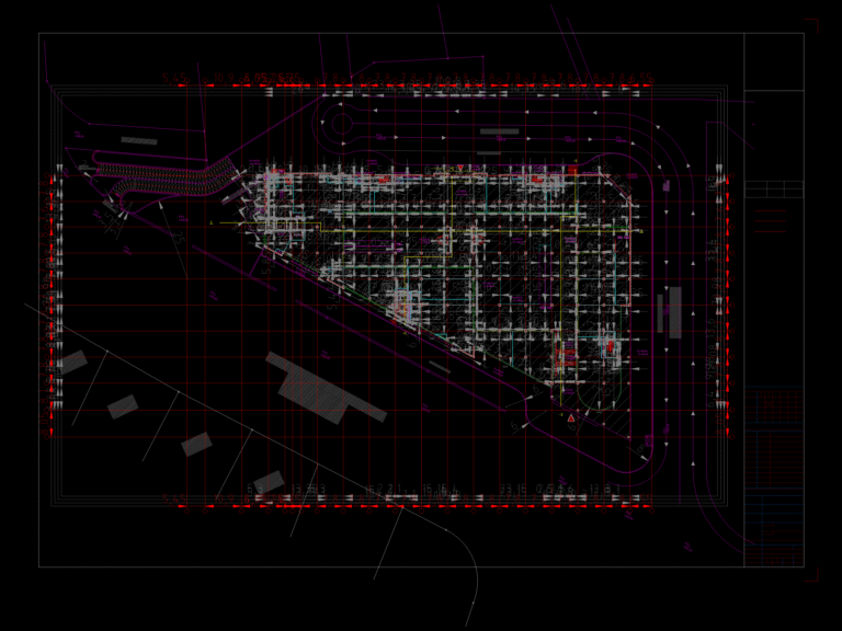 Architectural layout of a commercial shopping center ground floor and basement parking with ramps and shop footprints.