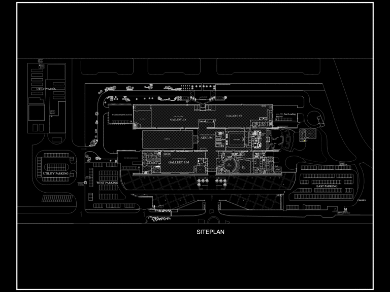 Architectural CAD site plan of the Abu Dhabi Arts Gallery showing gallery wings, theater, atrium, and parking lots.