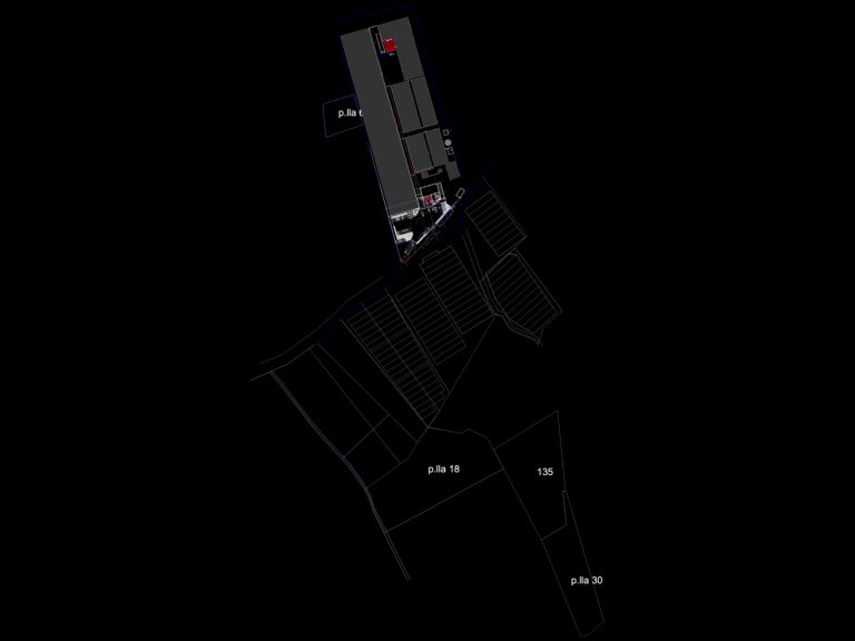 CAD site plan for an industrial greenhouse facility showing building layouts, parking stalls, and site planimetry.