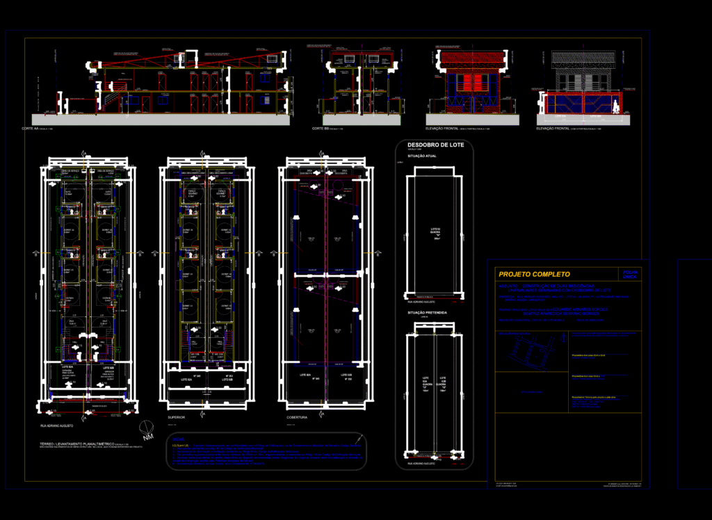 Architectural sheet showing floor plans, longitudinal sections, elevations, and lot split diagrams for twin houses.