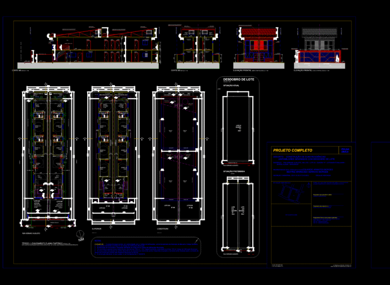 Architectural sheet showing floor plans, longitudinal sections, elevations, and lot split diagrams for twin houses.
