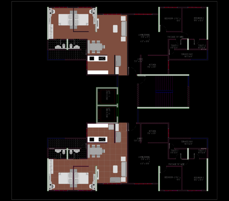 2 BHK apartment floor plan showing unit layout with bedrooms, kitchen, services bay, lift lobby, and staircase.