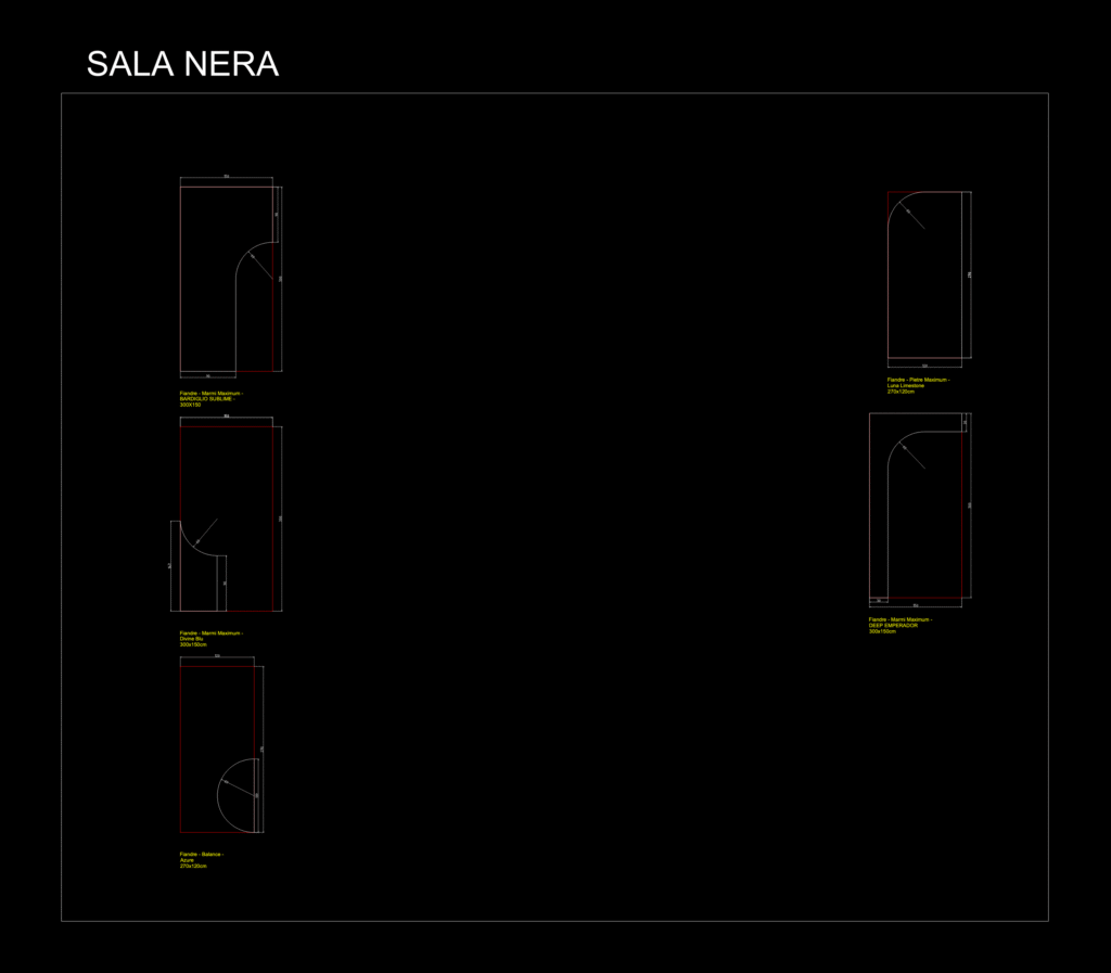 2D CAD cutting layouts for Fiandre porcelain slabs showing dimensions, radii, and cutouts for Marmi Maximum collections.