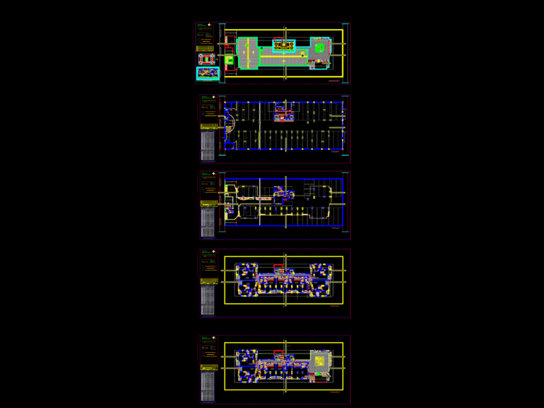 CAD architectural drawings for a condo building featuring apartment floor plans, parking levels, and a roof pool deck.