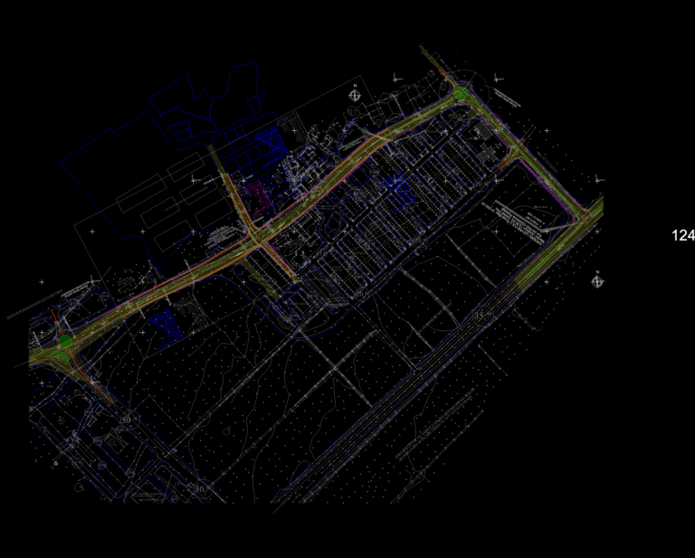 Technical CAD plan of a highway junction showing road alignments, stationing, and topography markers.