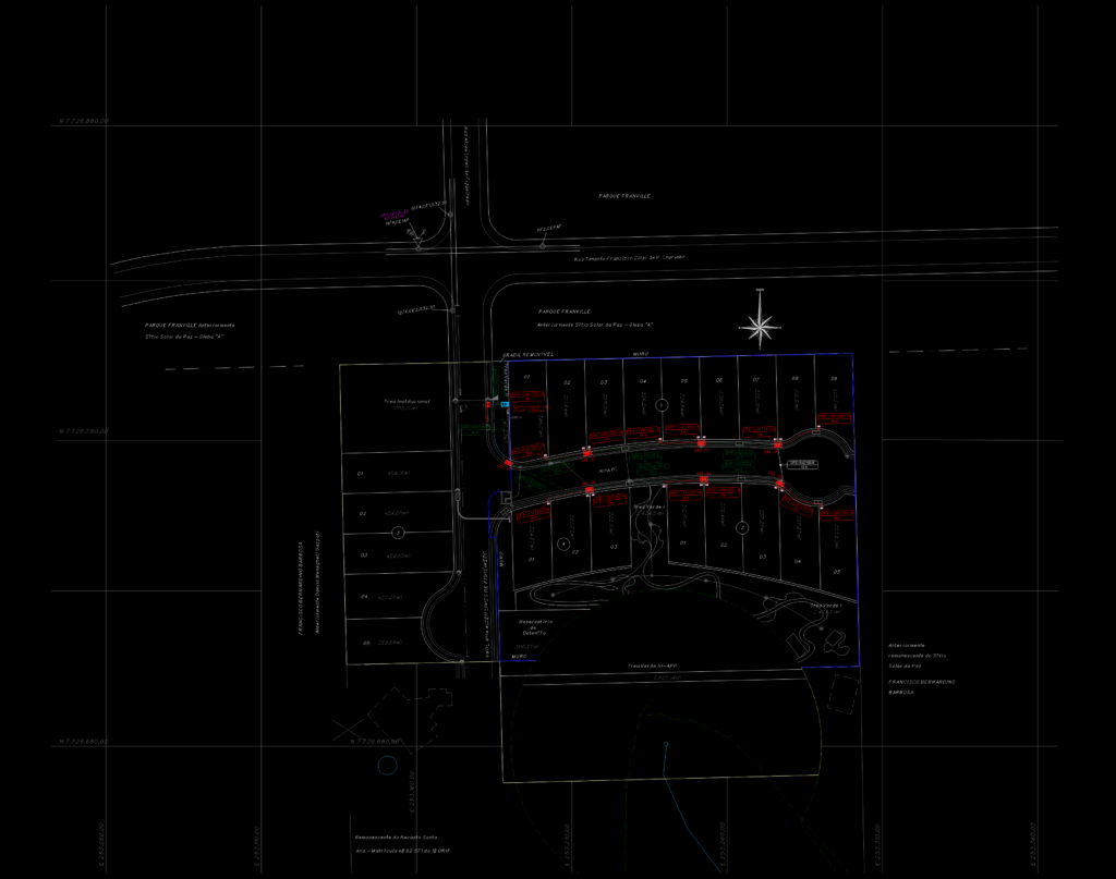 Site plan showing urban land subdivision and electrical network layout for the Parque Franville development.