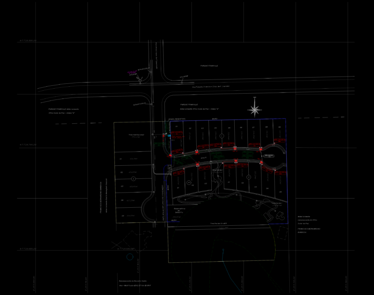 Site plan showing urban land subdivision and electrical network layout for the Parque Franville development.