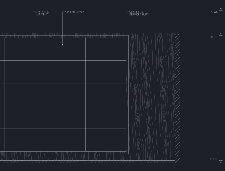 CAD elevation of a wood-veneer media wall cabinet featuring a 5x5 LED screen layout and serviceability space.