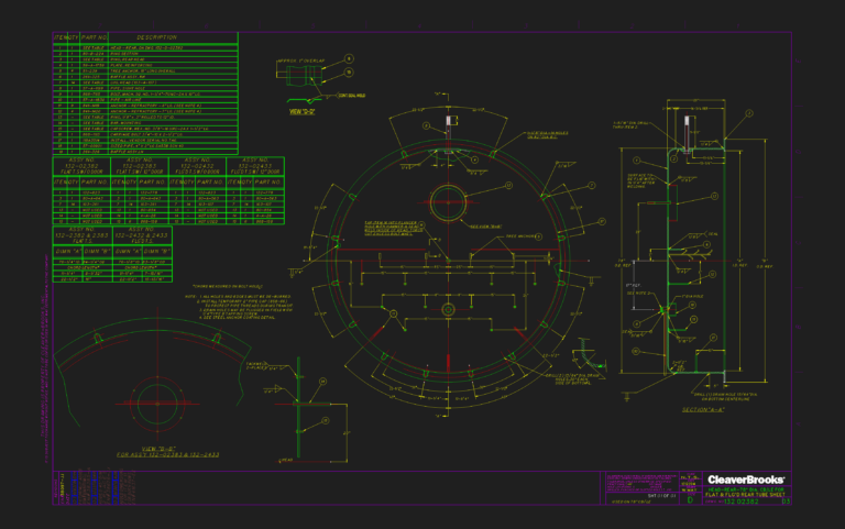 Cleaver-Brooks 78-inch boiler rear head technical drawing with section views, weld details, and bill of materials.