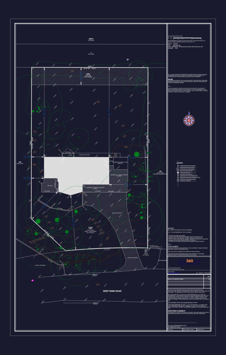 Topographic site survey plan showing residential lot contours, tree locations, and house footprint in West Vancouver.