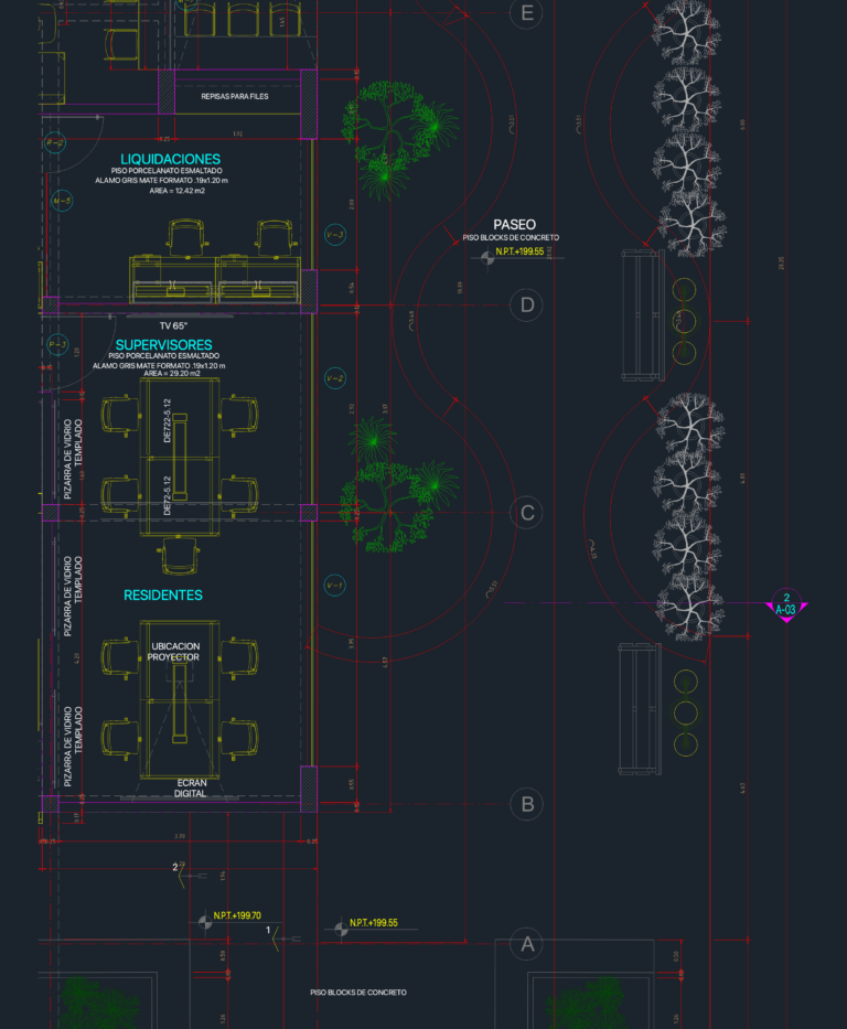 Architectural CAD floor plan showing office workstations, meeting rooms, and exterior landscaping for a two-story building.