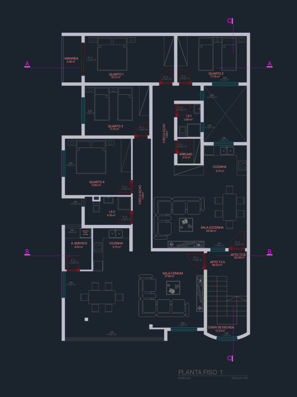 Remodel project for two T2 apartments with sections and elevations