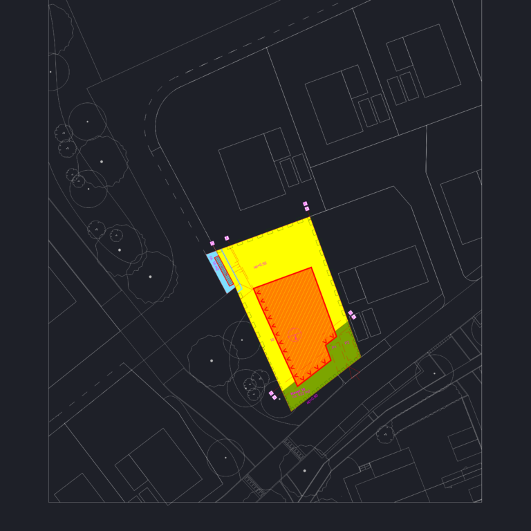 2D CAD site plan for Kavel 16 showing a building footprint, site levels, and surrounding urban layout.