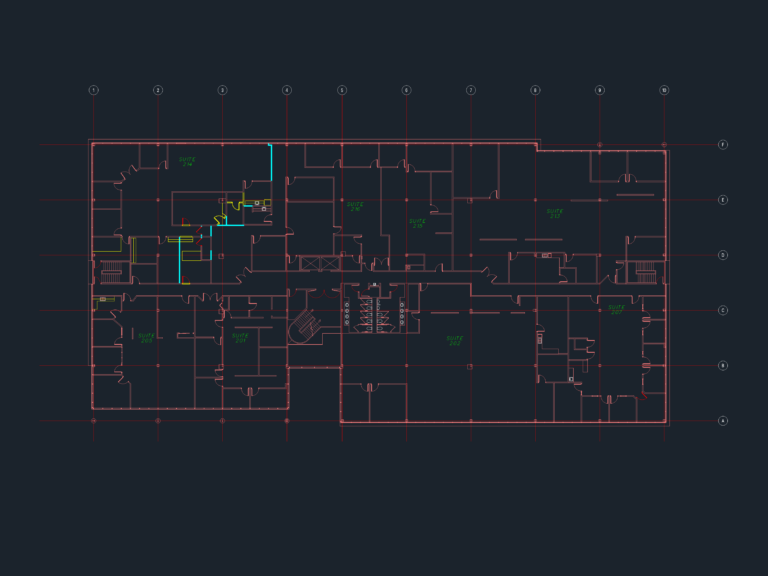 2D architectural floor plan of an office building second floor with multiple suites, restrooms, and structural grid.