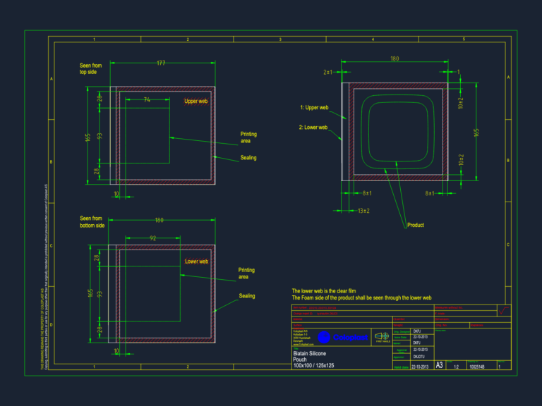 Technical drawing of Biatain Silicone medical pouch showing upper and lower web dimensions, sealing, and printing areas.