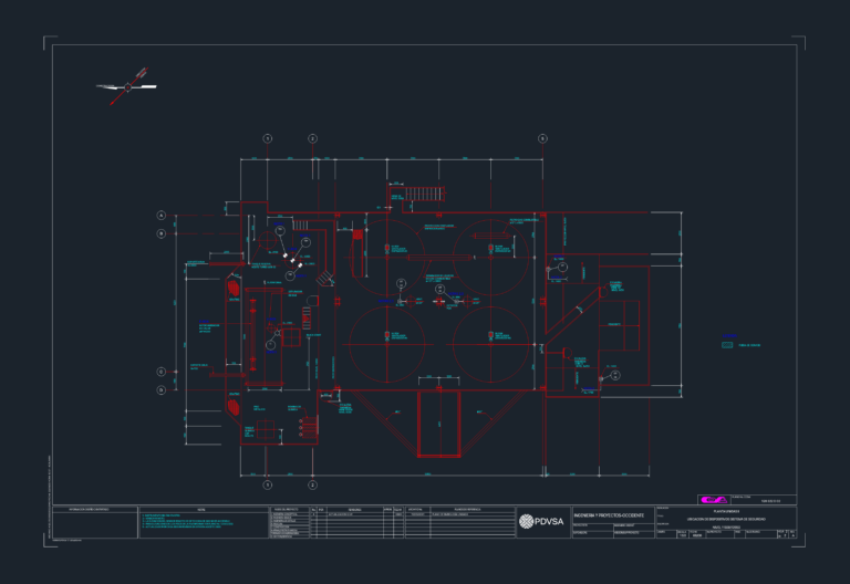 CAD layout of an industrial gas plant platform showing safety device locations, gas detectors, and fire extinguishers.