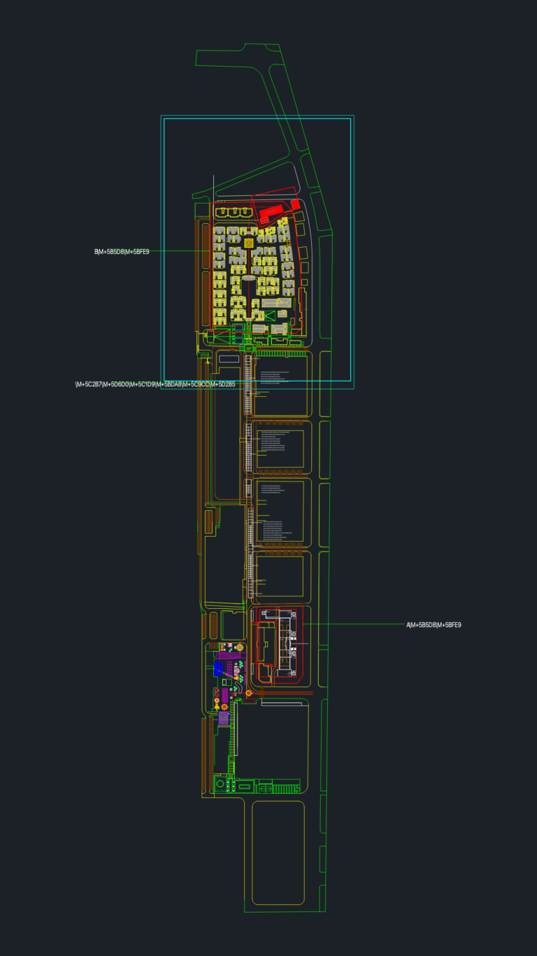 Architectural site plan CAD drawing showing a large-scale residential master plan with building layouts and road networks.