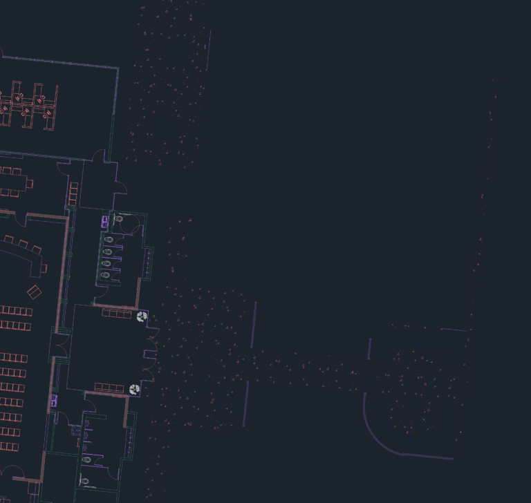 CAD site layout showing building floor plan, ADA parking stalls, and pavement striping details.