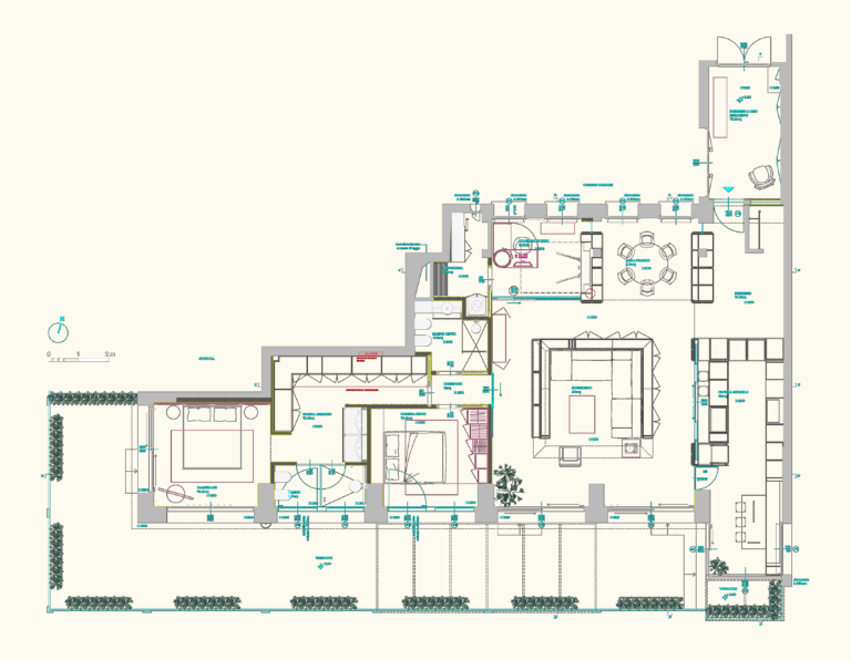 Detailed floor plan of a Milan apartment with living area, kitchen, two bedrooms, and a large perimeter terrace.