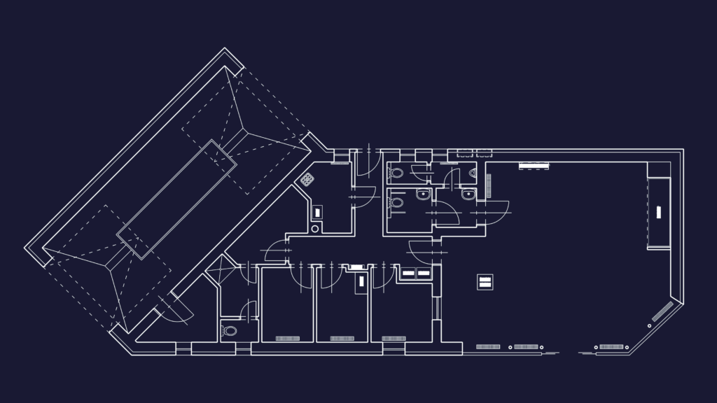 2D CAD floor plan survey of an existing building layout including rooms, electrical, and boiler room locations.