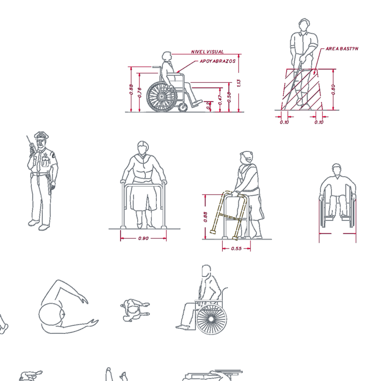 2D CAD elevations of people with wheelchairs, walkers, and canes showing dimensions for visual height and armrests.