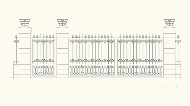CAD elevation of a decorative wrought iron driveway gate and side gate between masonry pillars with top-mounted lamps.