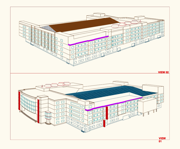 Isometric 3D views of a multi-story garment factory building showing rooftop HVAC units and cargo lift shafts.