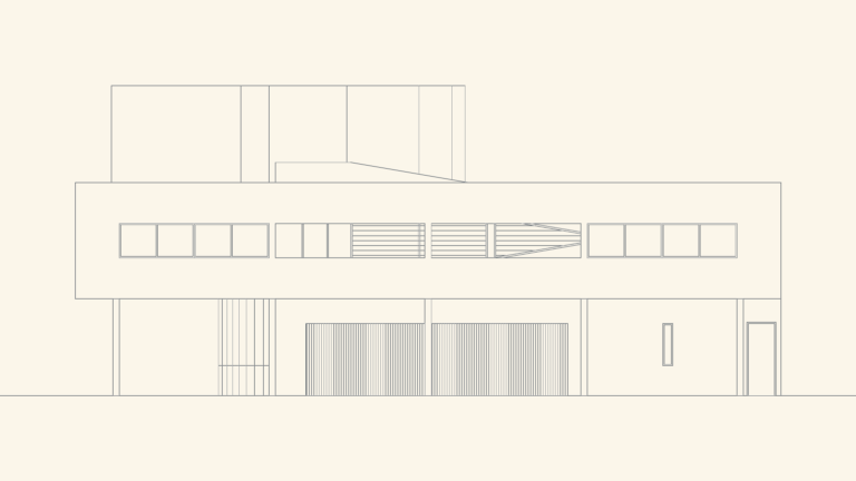 Architectural side elevation of Villa Savoye showing the ground floor pilotis, ribbon windows, and roof volumes.