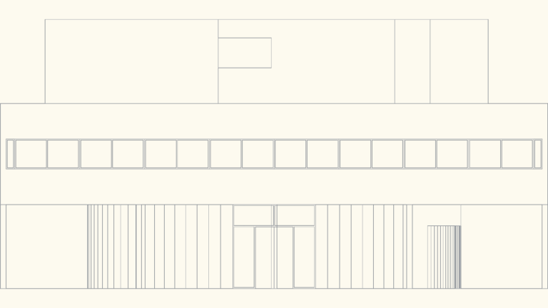 2D CAD front elevation of Le Corbusier's Villa Savoye showing ribbon windows and pilotis.