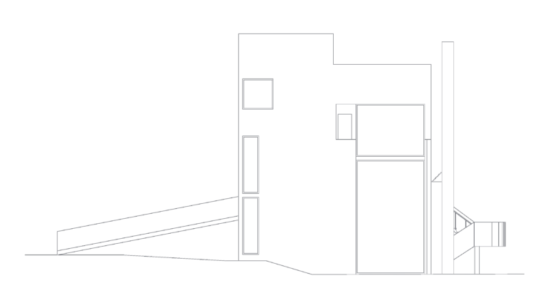 Line drawing of the west elevation of Richard Meier's Smith House showing geometric facade elements and entrance ramp.