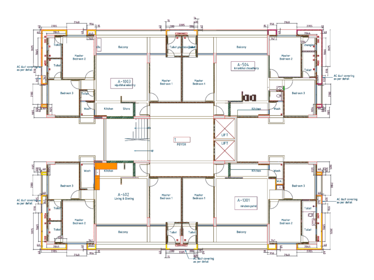 Architectural floor plan of a 4-unit residential cluster with central elevator core, foyer, and 3BHK layouts.