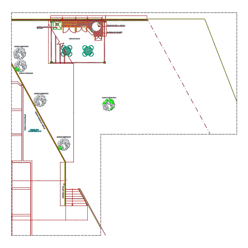 Outdoor barbecue terrace plan with wood-fired pizza oven details