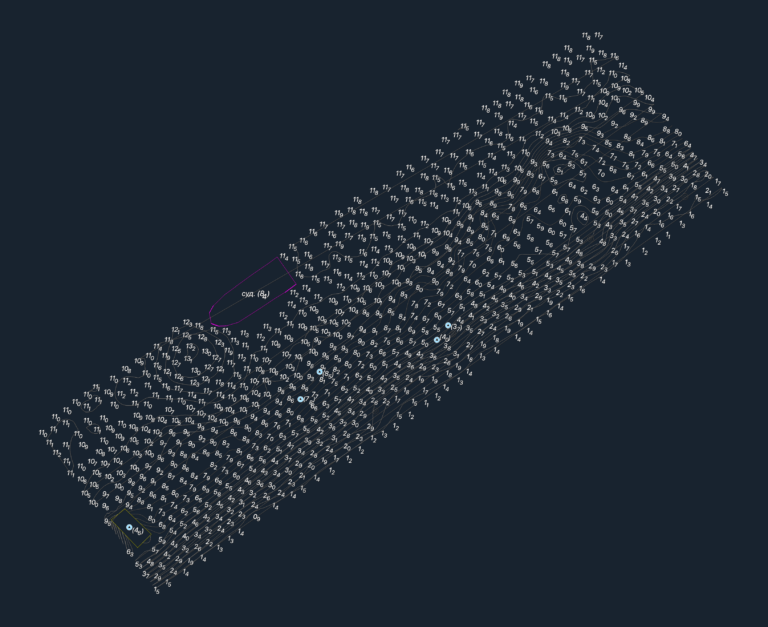 Bathymetric survey drawing showing numerical depth points and contour lines for underwater topography.
