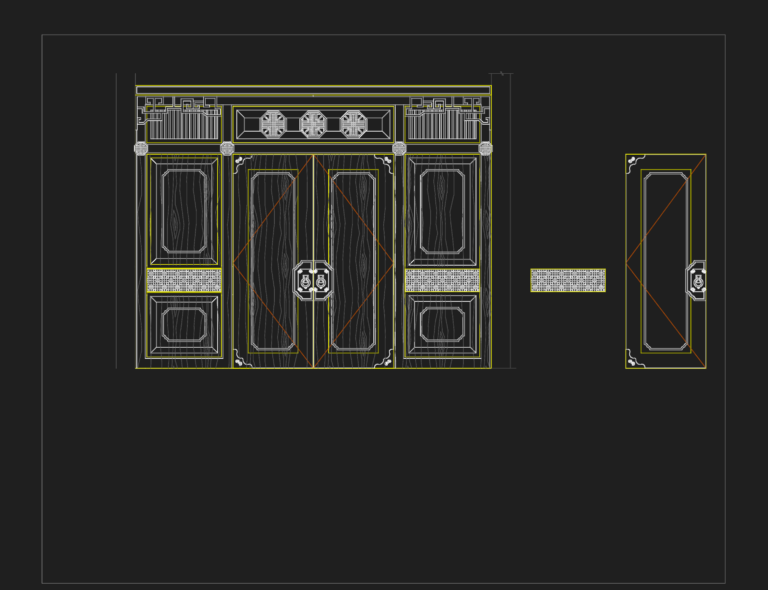 CAD elevation of a traditional ornate double door with geometric fretwork panels and octagonal transom medallions.