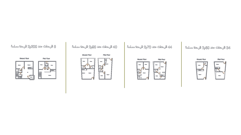 Ground and first floor CAD plans for four residential units with areas of 60, 70, 90, and 200 square meters.