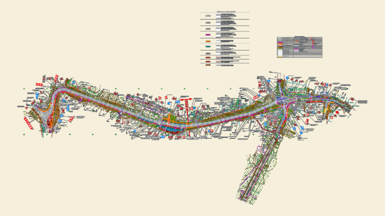 CAD layout of Krāslava street reconstruction project with road markings, signage symbols, and technical legends.