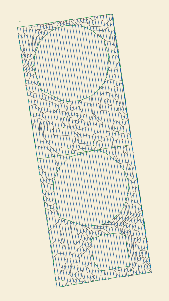 Civil engineering site plan showing topography contour lines and road cross section stations.