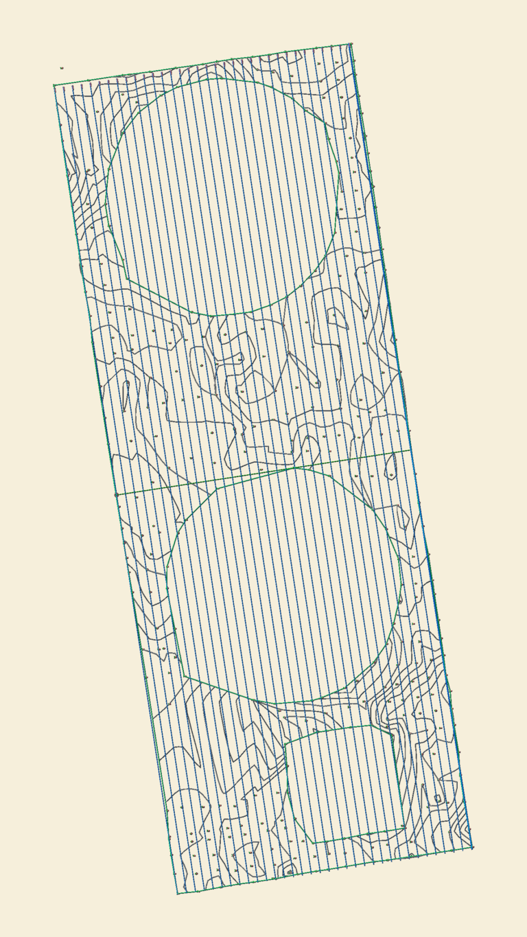 Civil engineering site plan showing topography contour lines and road cross section stations.