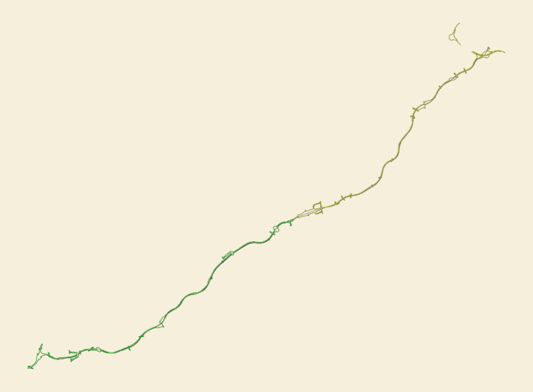 CAD survey plan of a linear utility network route showing axis labels, stationing points, and technical constraints.