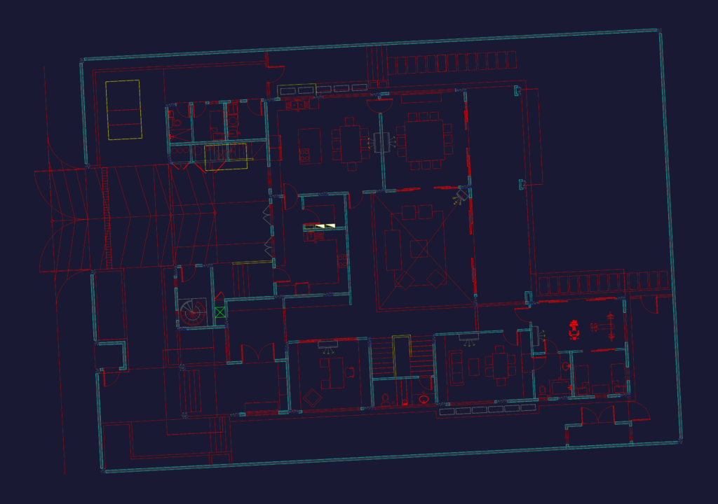 Architectural CAD floor plan of a showroom ground floor featuring furniture layouts, a gym area, and parking zones.