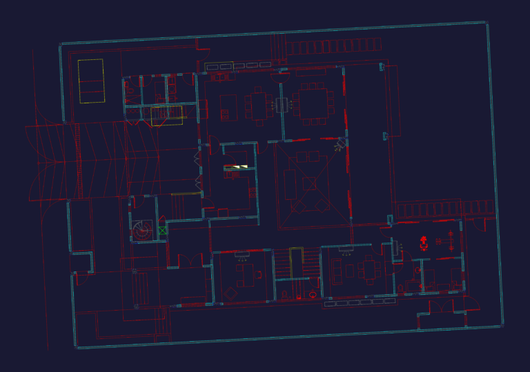 Architectural CAD floor plan of a showroom ground floor featuring furniture layouts, a gym area, and parking zones.