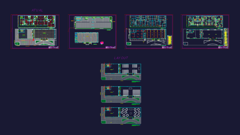 Architectural CAD floor plans for a mixed-use building including furniture layouts, lighting, and ceiling design.