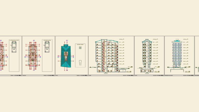 Architectural CAD sheets for an 8-story residential building featuring floor plans, vertical sections, and elevations.