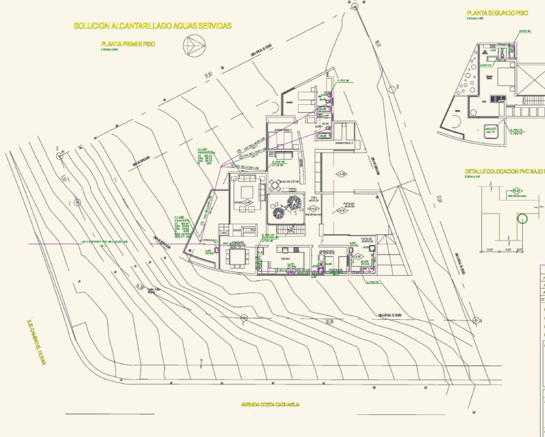 CAD floor plans for a two-story house showing sewage drainage layout, PVC pipe routing, and site topography.