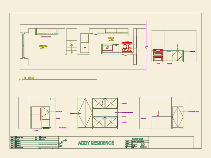 Kitchen remodel plans including elevations and cabinet details