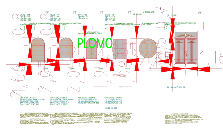 CAD restoration schedule showing elevations of arched metal windows and a decorative double iron door with technical notes.