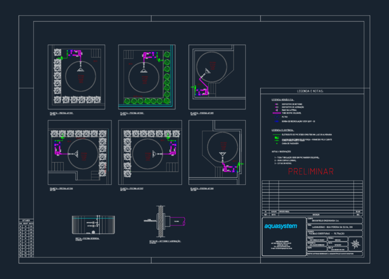 CAD floor plans and details for circular pool hydraulic systems with PVC piping, pump specs, and filtration legends.