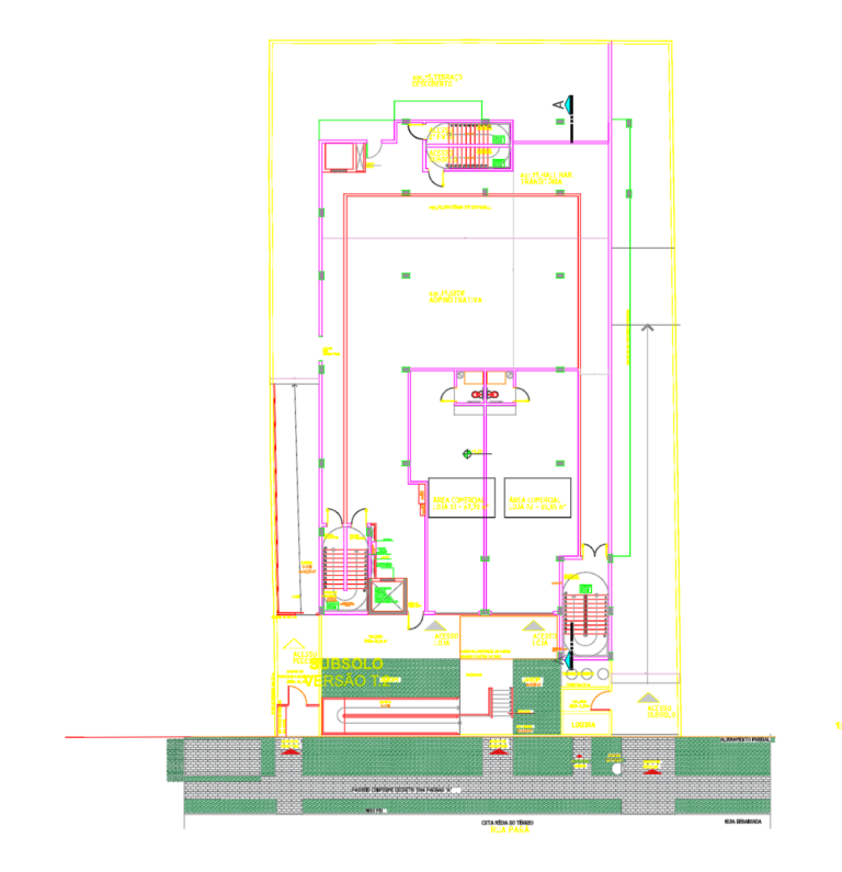 CAD floor plan layout for a mixed-use administrative center building featuring commercial retail units and office space.