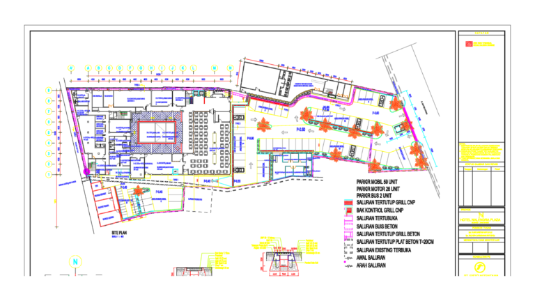Hotel site plan CAD drawing showing parking layout, drainage channels, and pavement construction sections.